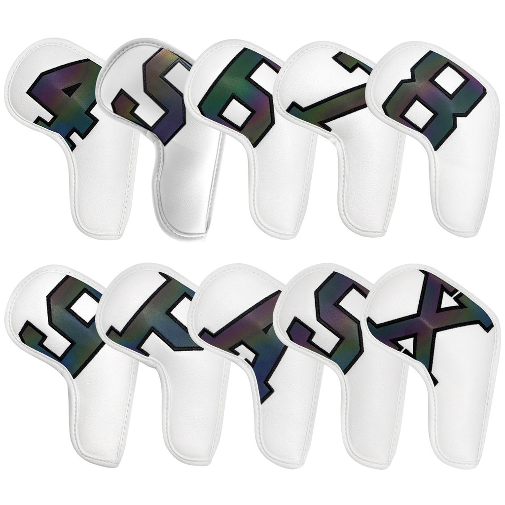 White covers with  Laser numbers, Premium PU Leather Golf Iron Headcover Set (10pcs) | Numbered 4-9, P, S, A, X | Protective Club Covers for Irons