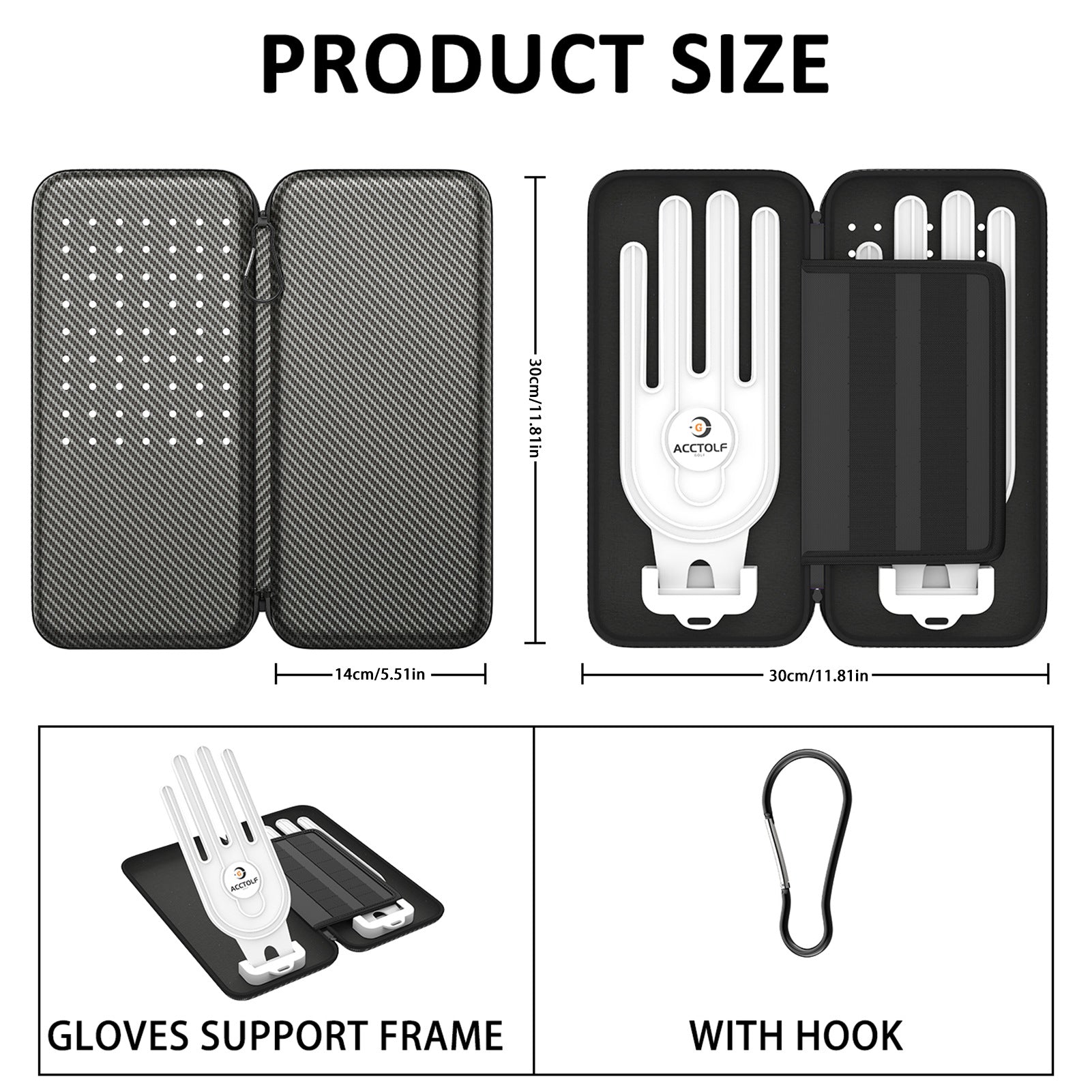 Premium Golf Glove Holder Case - Keeps Gloves Dry & Shaped, Carbon Fiber Look with Hook (Gloves Not Included)
