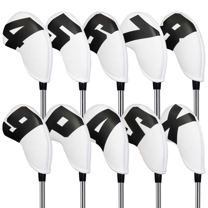 Black Words On White Background PU Leather Golf Iron Headcovers Set (10pcs) - Numbered Protective Club Covers (4-9, P, A, S, L) Universal Fit